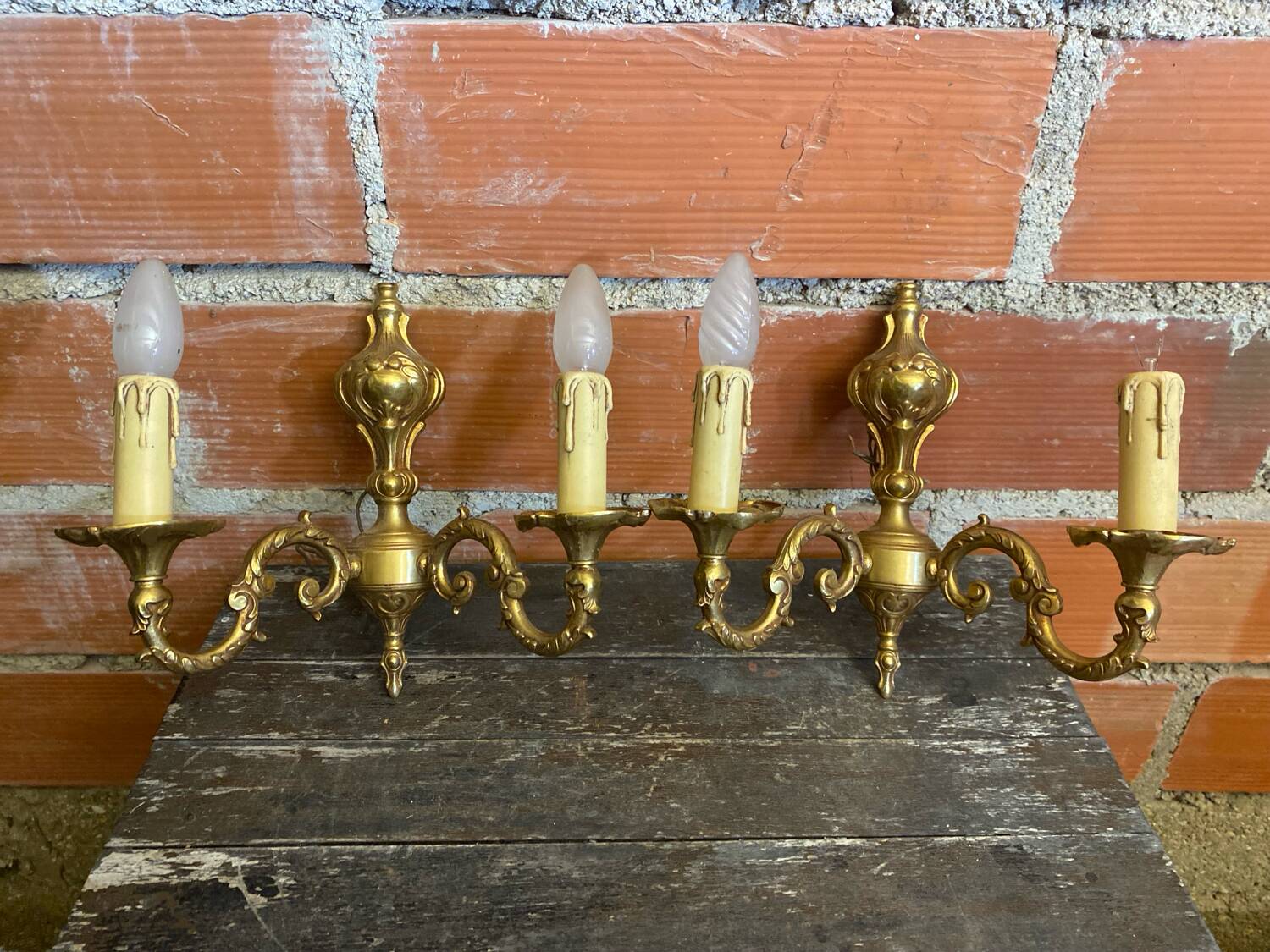 Pair of Double Wall Lights in Antique Louis XV Style, Gilded Bronze Vintage #D67