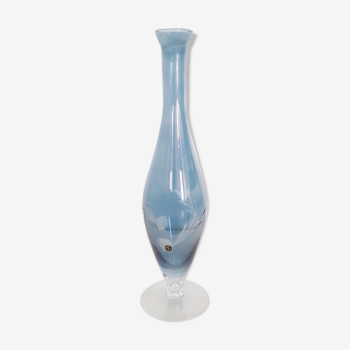 Vintage soliflore vase in blue tinted chiseled glass, Italy 1970