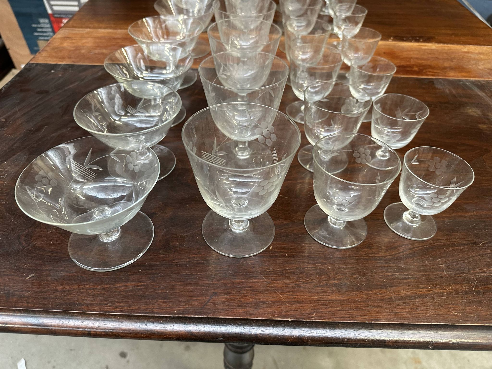 Art Nouveau Set of 32 Crystal Glasses - Engraved and Frosted Floral Pattern