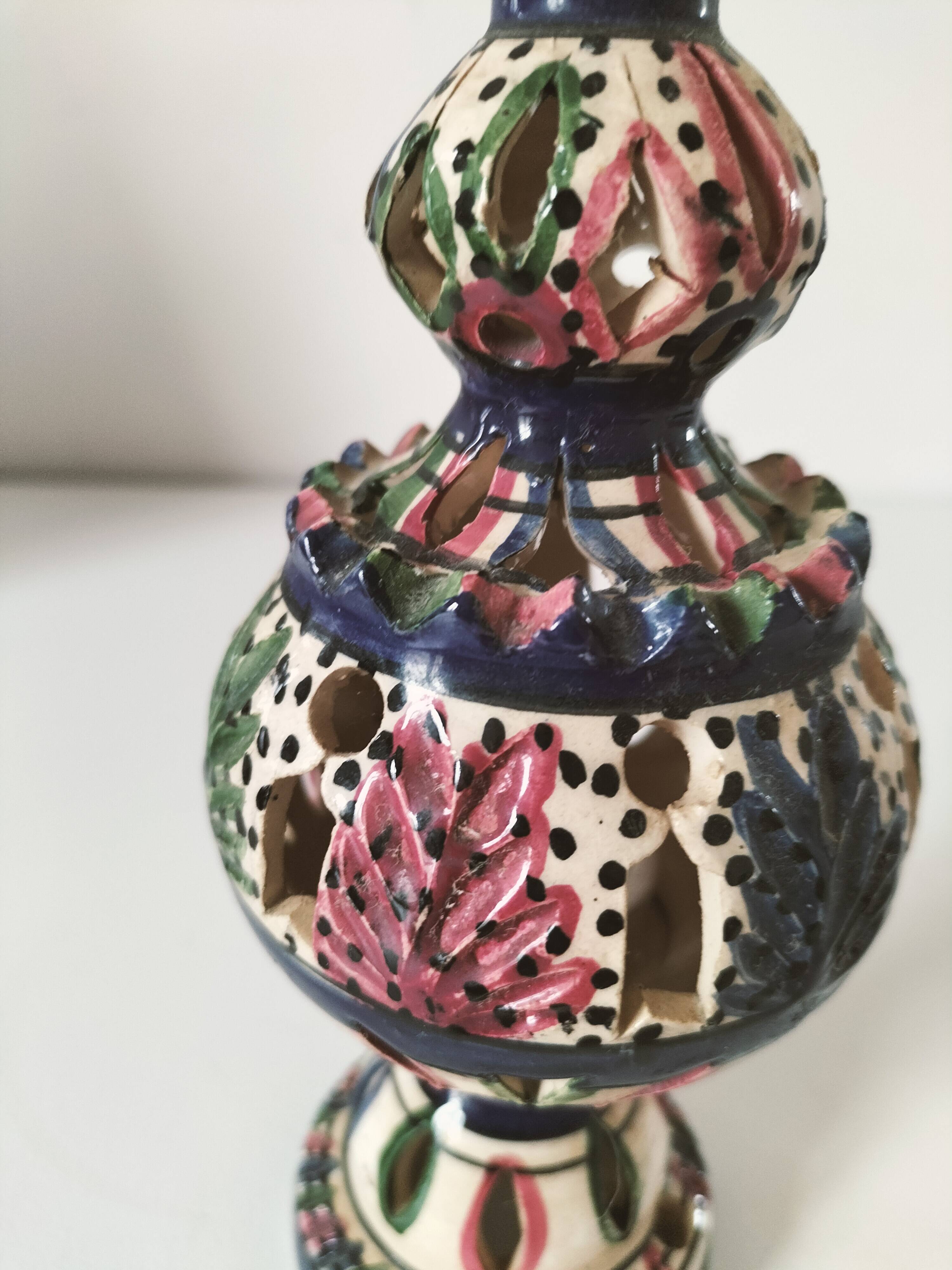 Openwork glazed ceramic candlestick-lantern – Tunisia, 1960s–1980s
