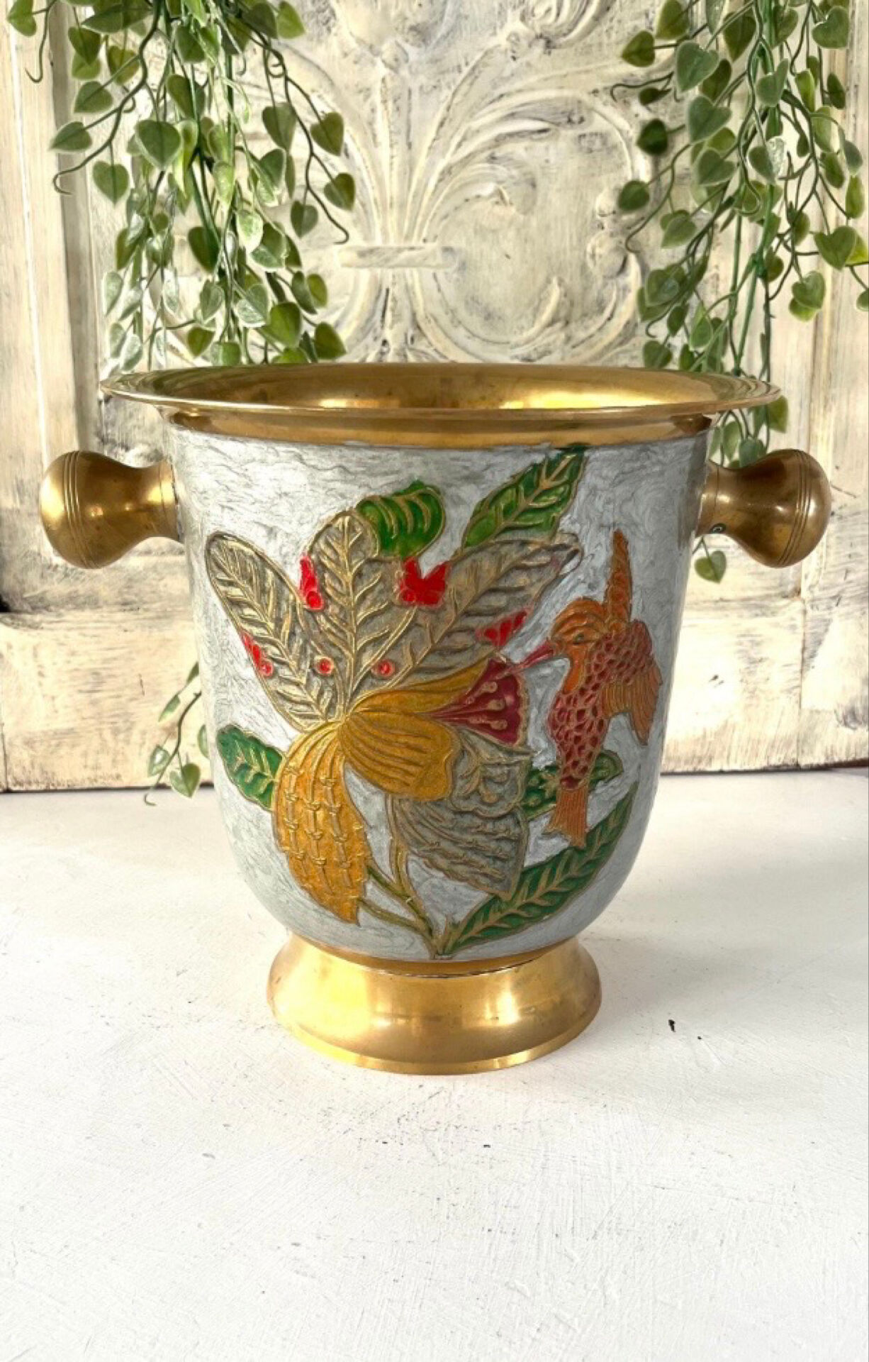 French cloisonne bucket enamelled colored over brass champagne cooler