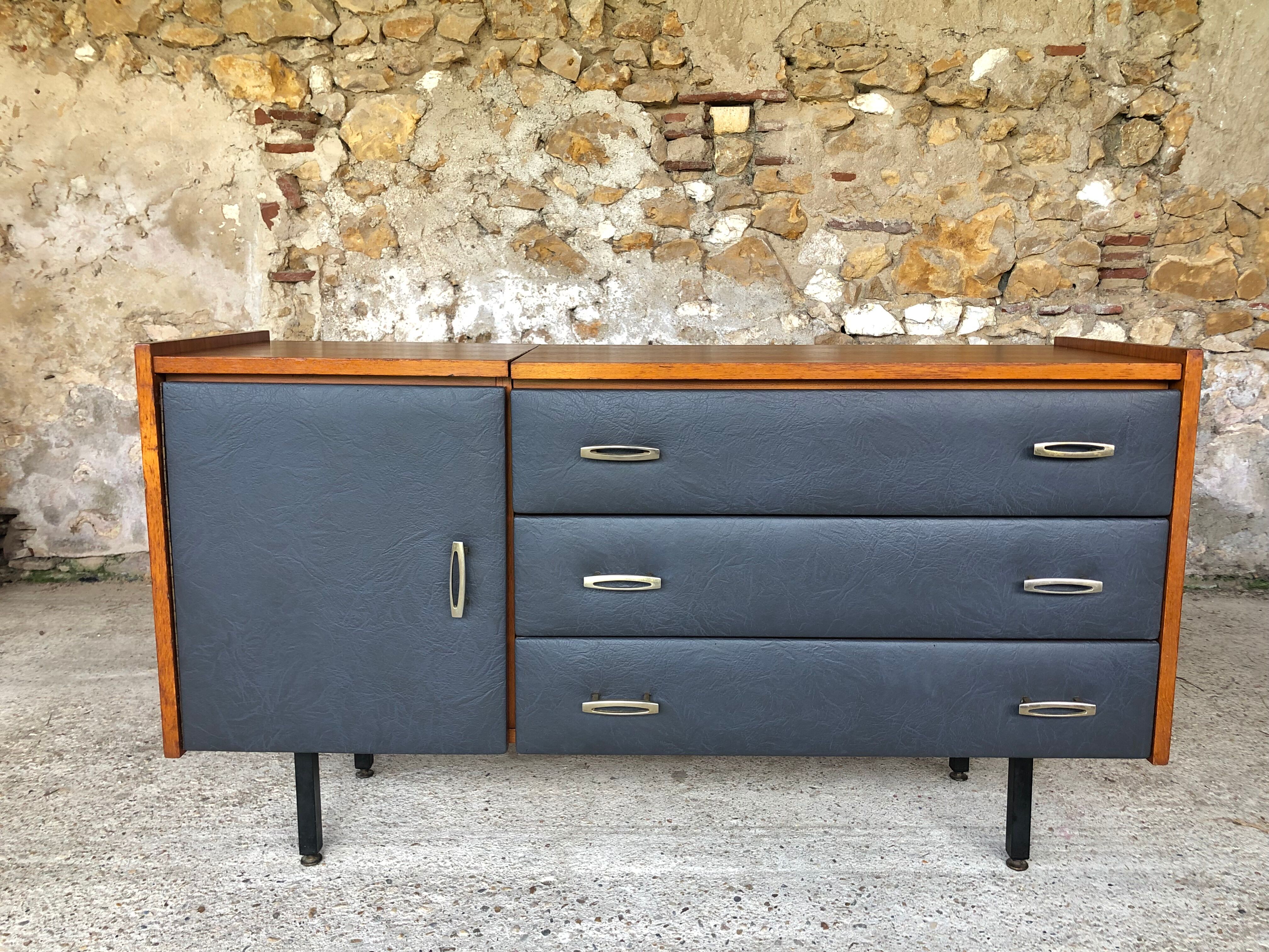 Vintage modular chest of drawers in teak and grey skaï, circa 60's