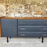 Vintage modular chest of drawers in teak and grey skaï, circa 60's