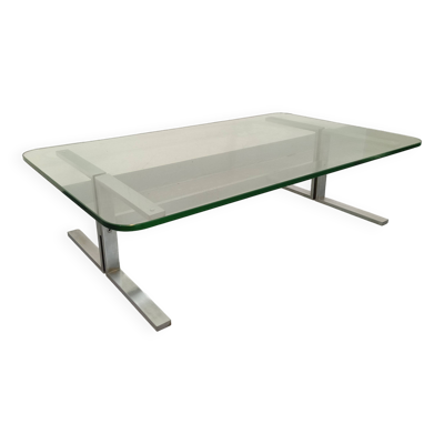 Table basse vintage en verre transparent et fonte d’aluminium des années 70