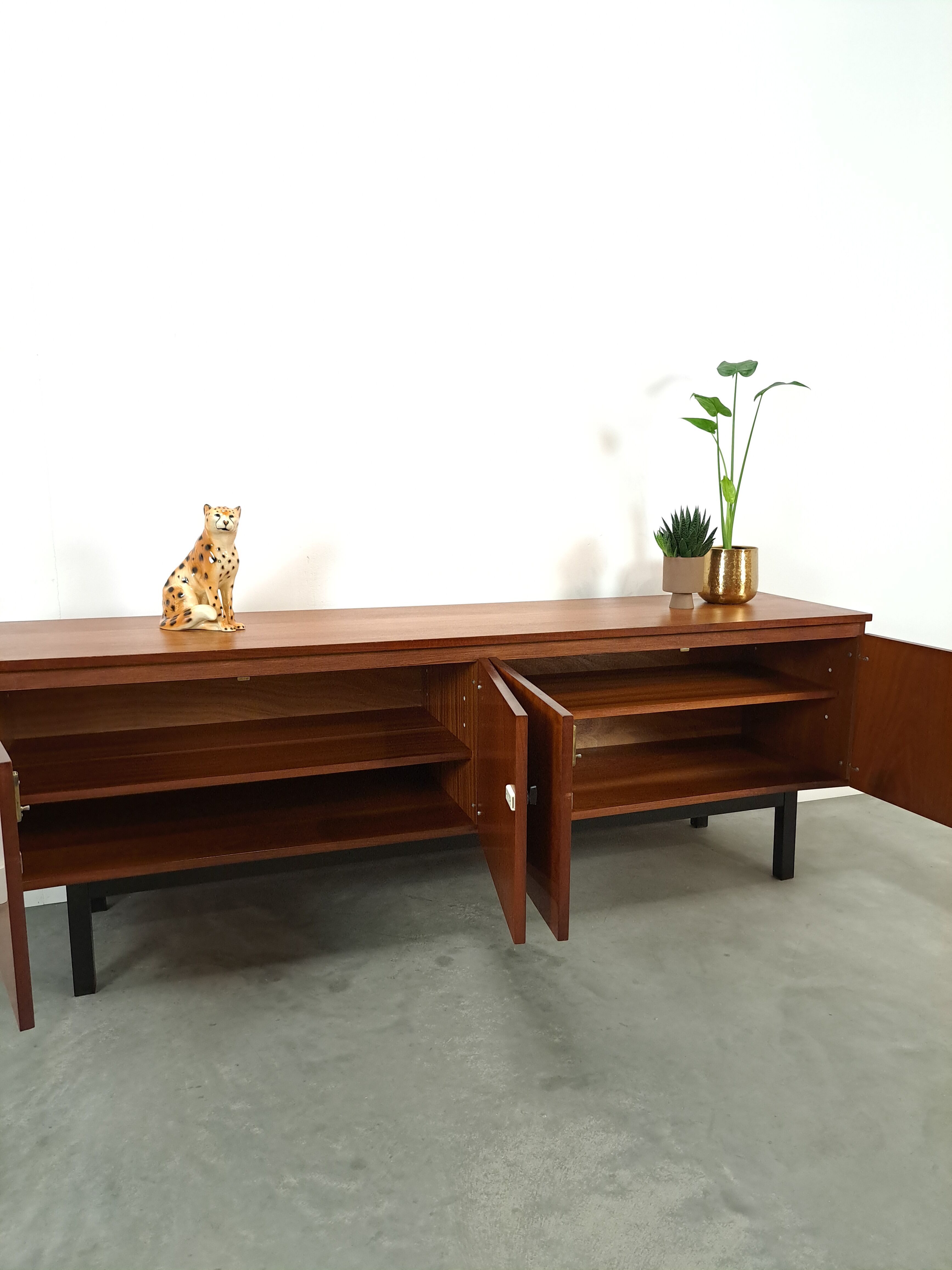 Long dark walnut veneer sideboard, vintage TV cabinet