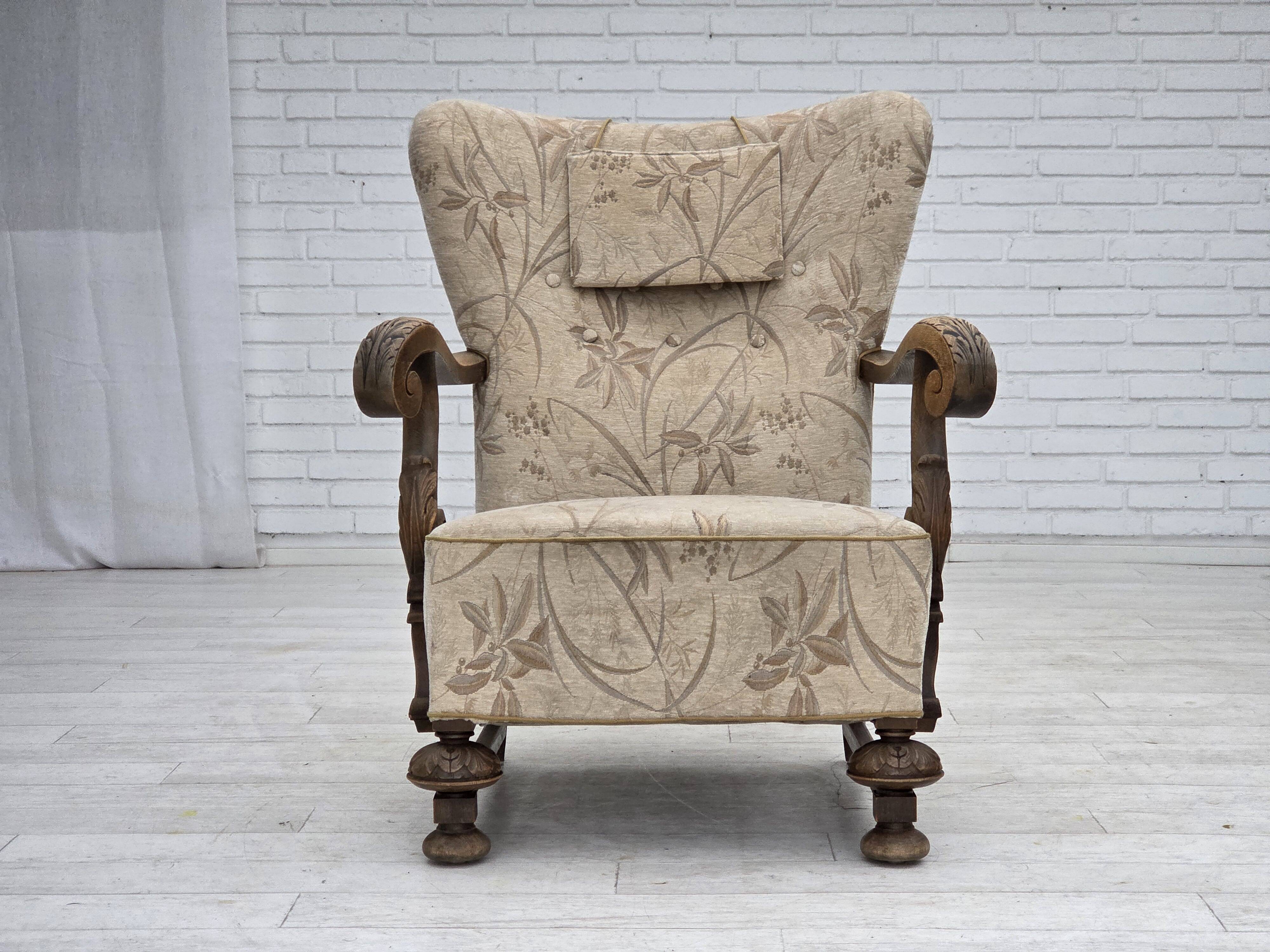 1960s, Danish armchair, beige/brown furniture fabric, carved oak wood.