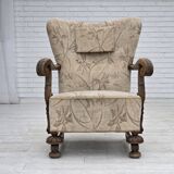 1960s, Danish armchair, beige/brown furniture fabric, carved oak wood.