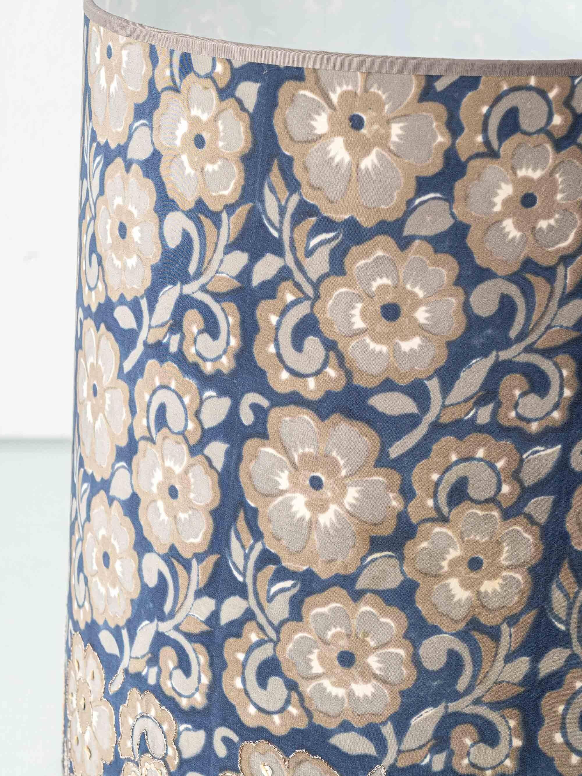 Blue and white porcelain table lamp by Lladró with floral shade in new silk.
