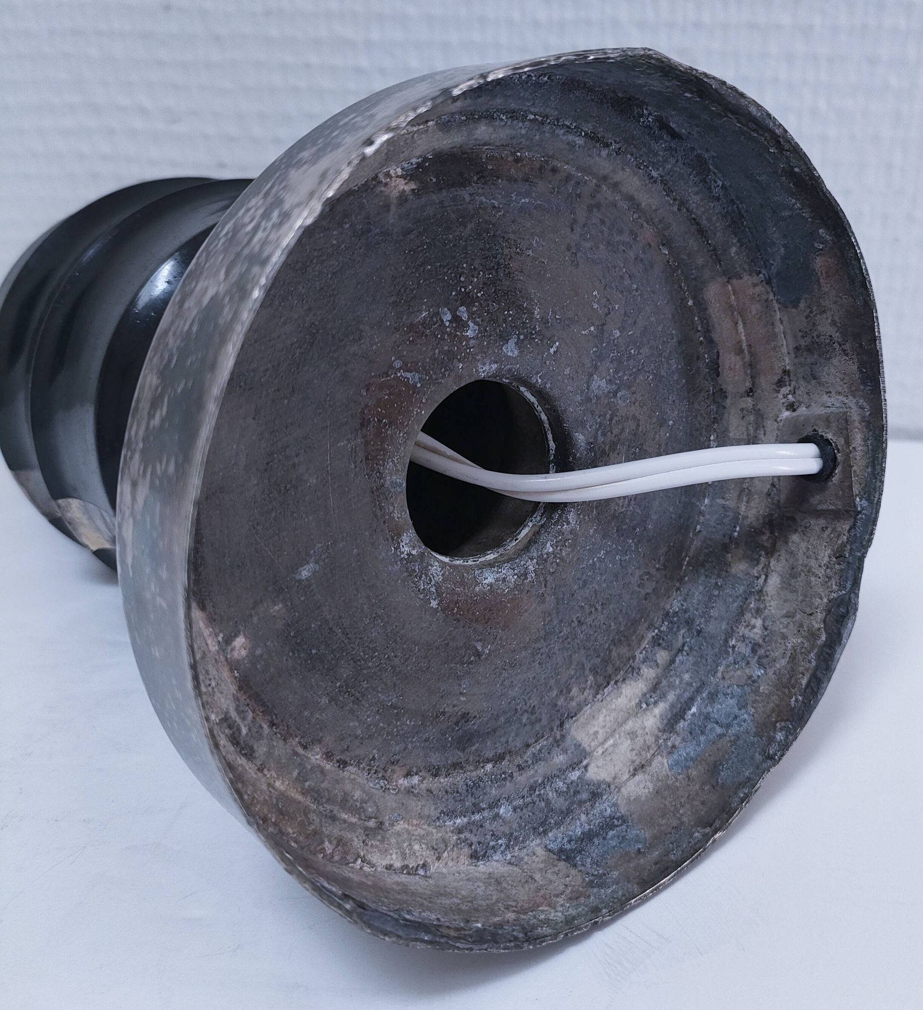 Art Deco metal lamp base with black and silver patina