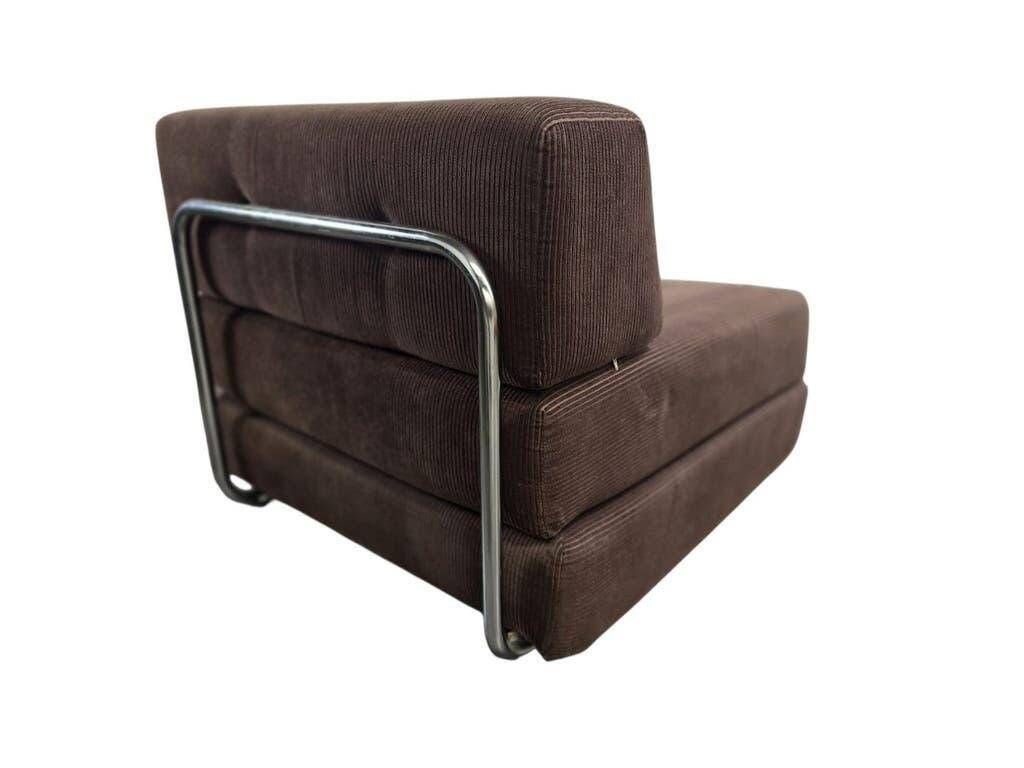 Fauteuil vintage marron côtelé / une place avec accent chromé