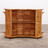Brutalist mid-century wooden bar with 3 bar chairs, 1970s