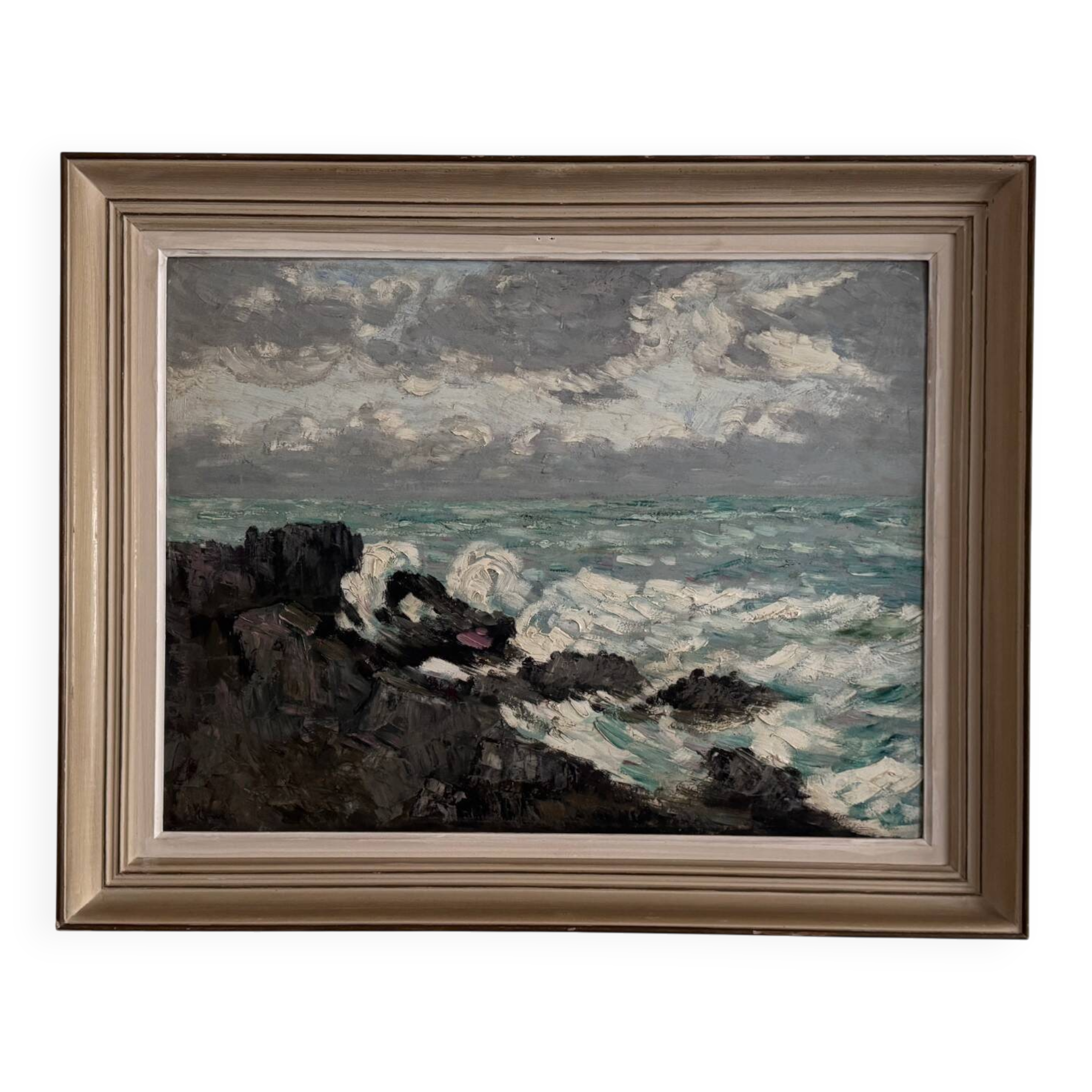 Oil on cardboard depicting the swell by Cavver, 20th century, cerused frame