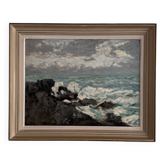 Oil on cardboard depicting the swell by Cavver, 20th century, cerused frame