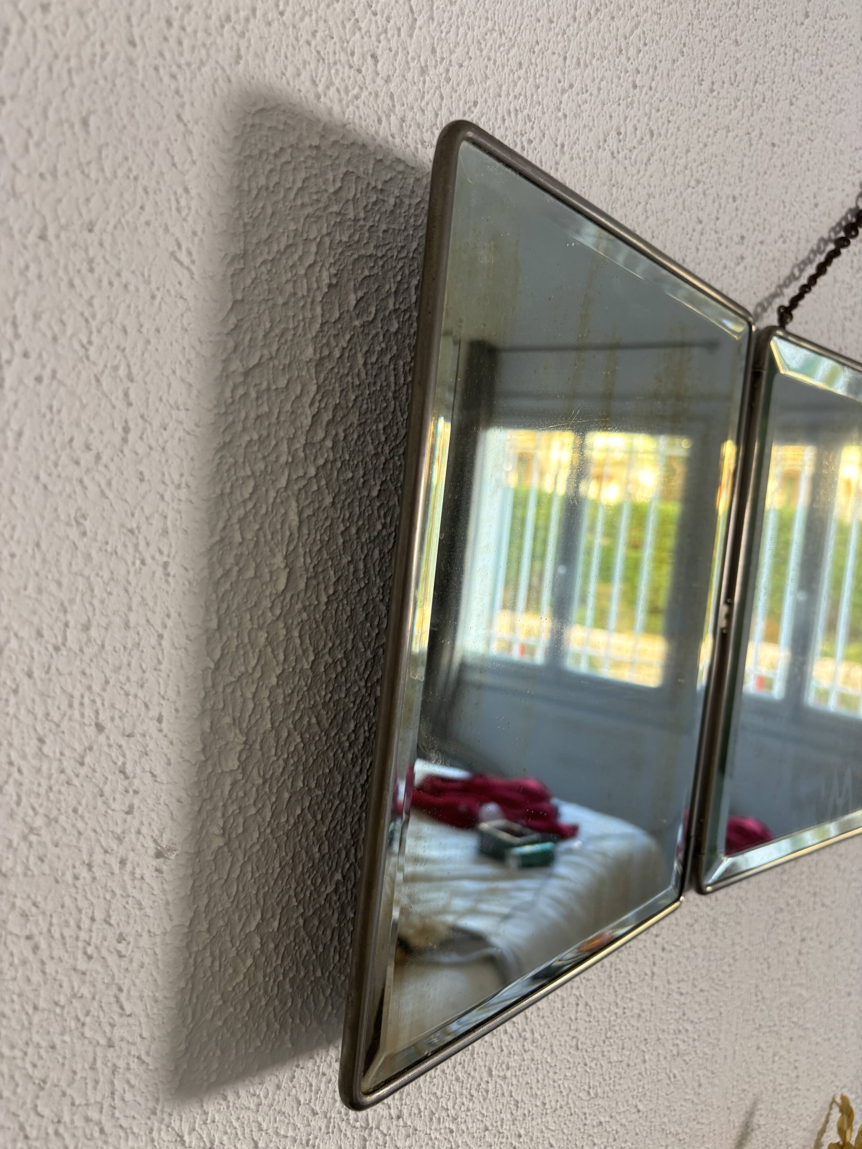 Vintage 1930s triptych barber mirror in black faux crocodile leather - 33 x 84 cm