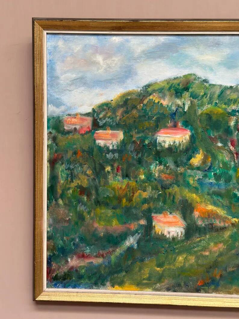 Original Swedish Oil on Canvas – “Hilly Landscape with Houses” by Lalla Blecher – Signed – Vintage & Framed