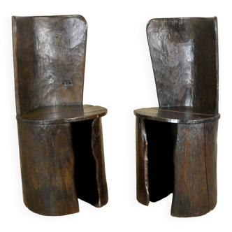Pair of brutalist cherry trunk chairs, Brittany, 1950s