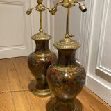 Pair of large table lamps formed of gilded bronze vases & Chinese cloisonné enamels