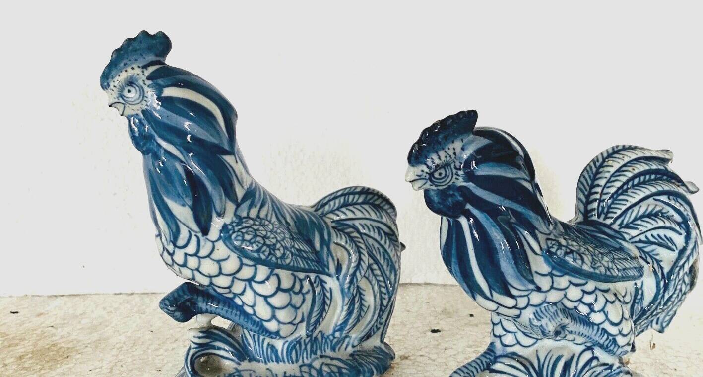 Pair of ceramic roosters in blue camaieu 20th century