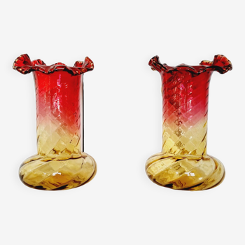 2 Vases en Verre Tourné de Style Art Nouveau de 1900