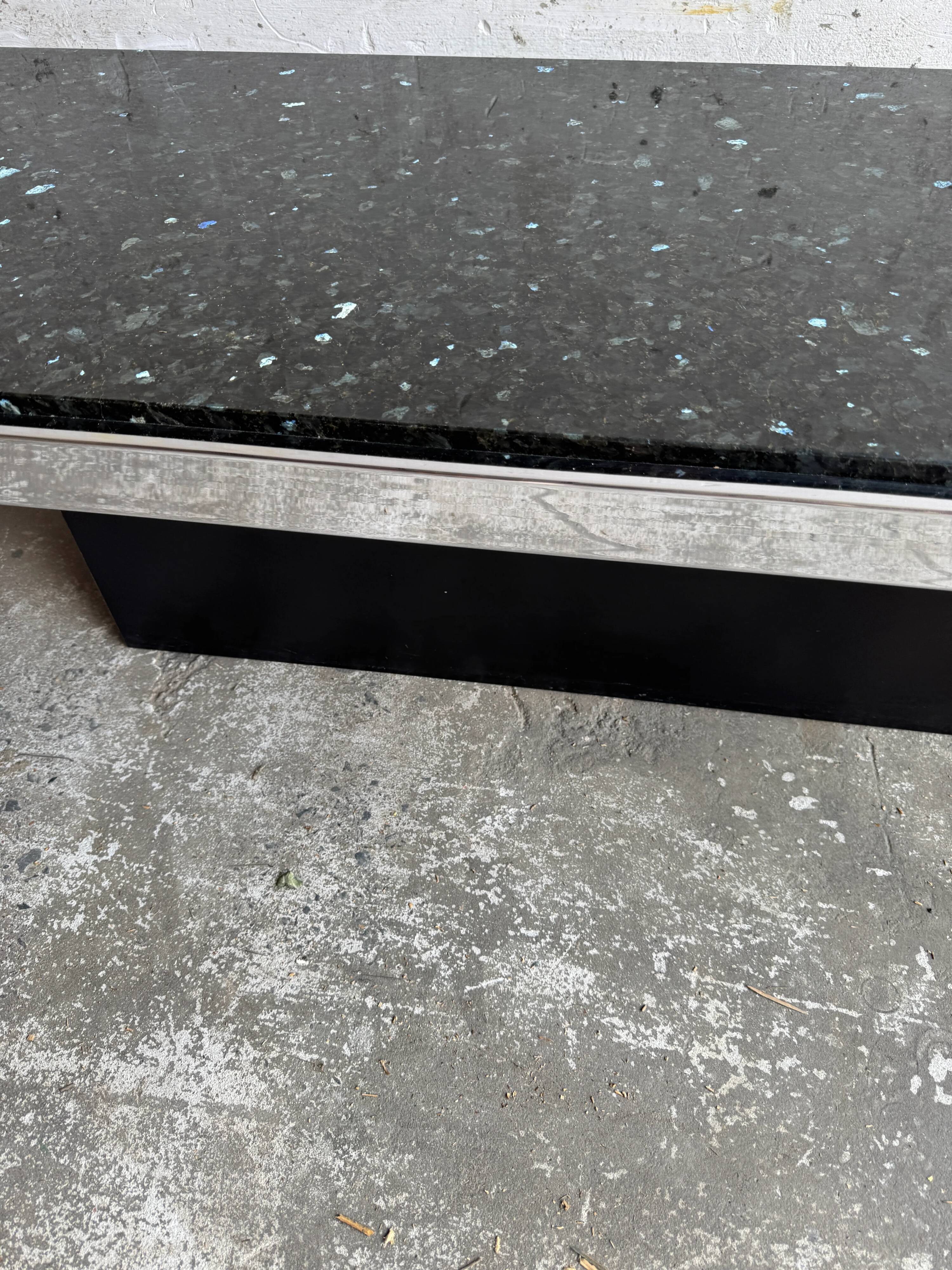 Vintage Black Terrazzo Coffee Table with Wooden Pedestal Base — Mid-Century Rectangular Accent Table