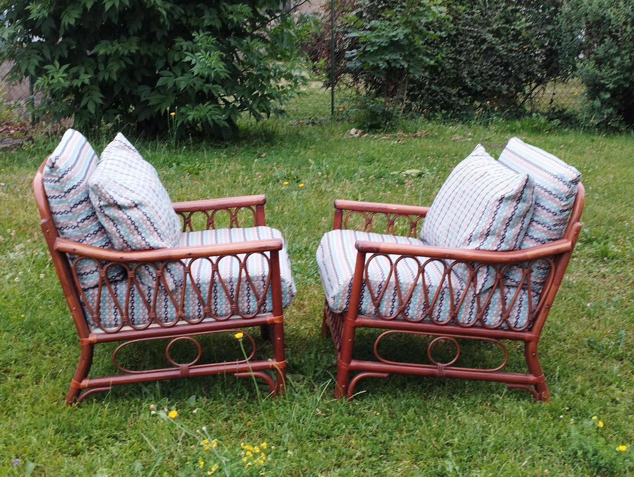 Pair of glacier blue rattan armchairs French Riviera vintage ép