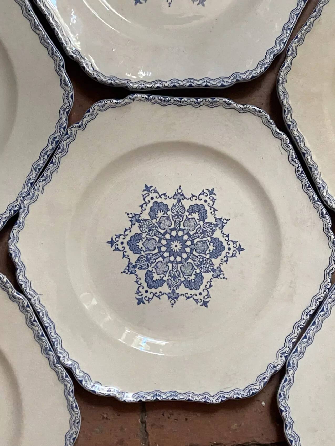 Set of 10 antique 6-sided flat plates – late 19th century earthenware, oriental light blue decor