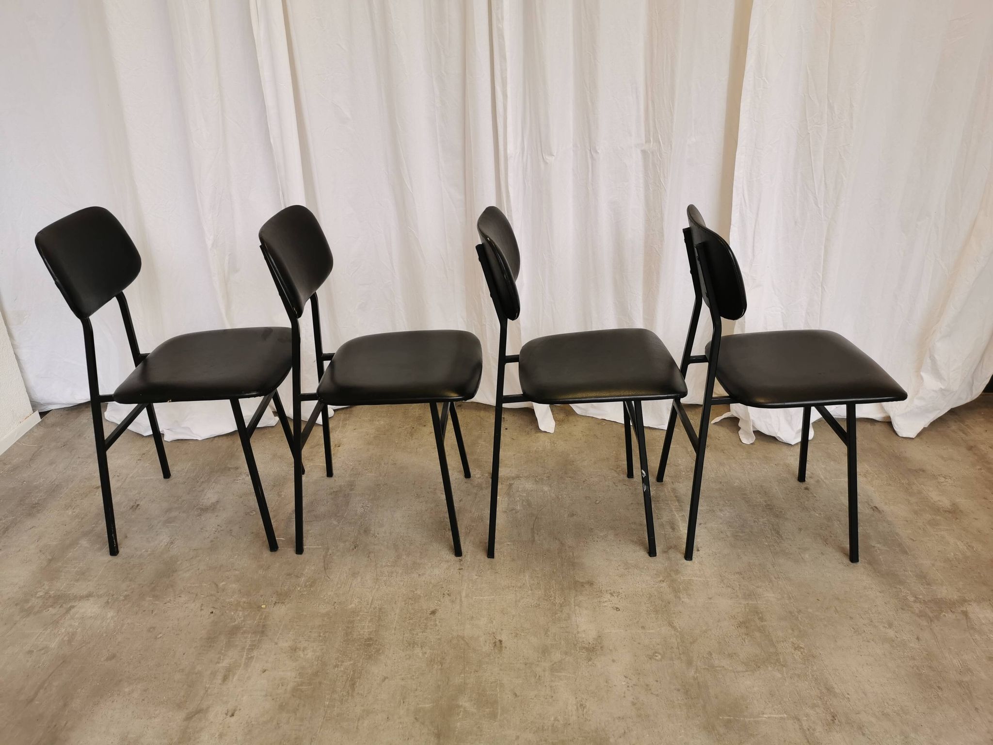 SET of 4 Vintage School Chairs /Black Leather / STOL Kamnik 80s Yugoslavia