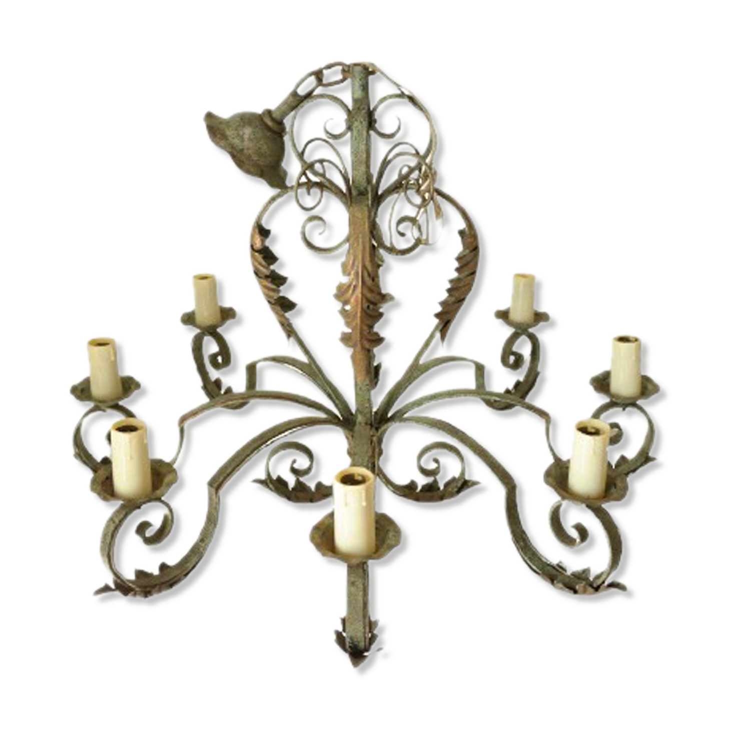 Lustre with 8 branches in wrought iron, grey-green patina and antique gilding.