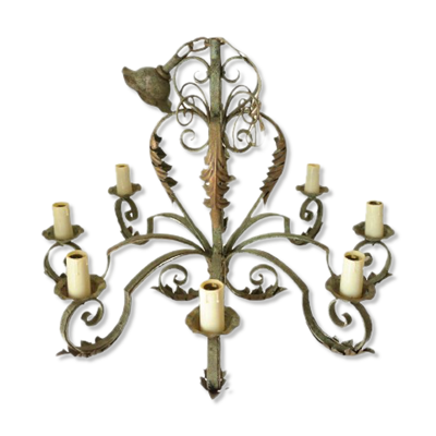 Lustre 8 branches en fer forgé patine gris de vert  et dorure ancien