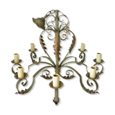 Lustre 8 branches en fer forgé patine gris de vert  et dorure ancien