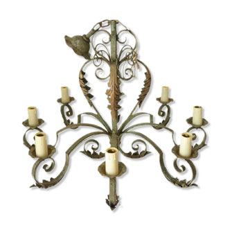Chandelier 8 branches in wrought iron patina gray of green and old gilding