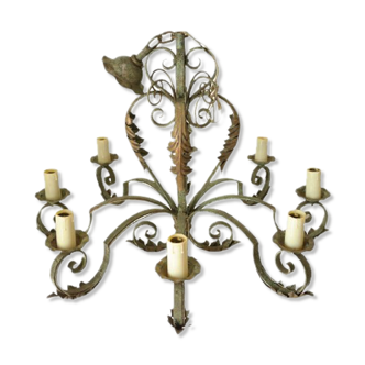 8-branch wrought iron chandelier with gray-green patina and antique gilding