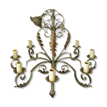 Lustre with 8 branches in wrought iron, grey-green patina and antique gilding.