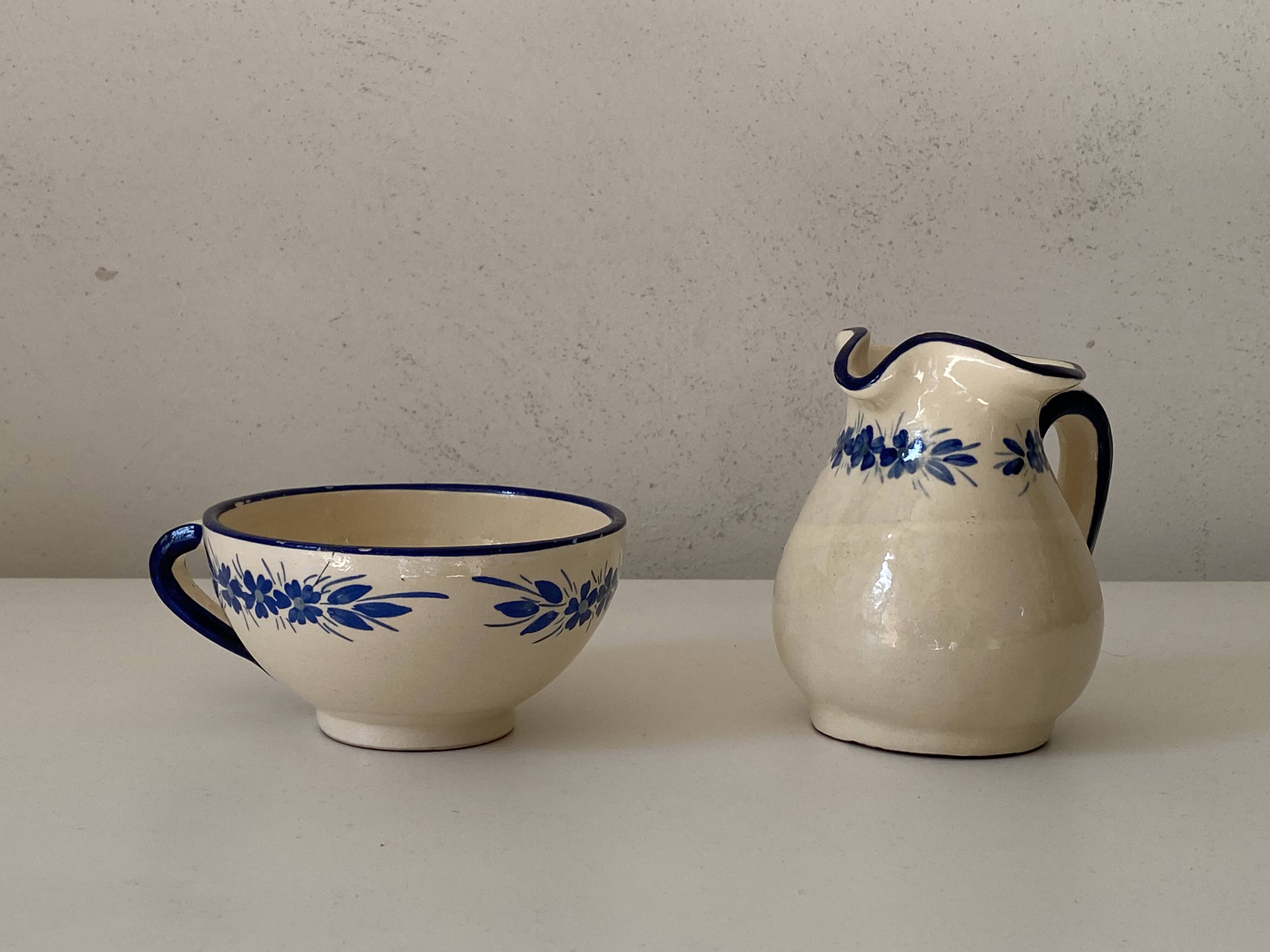 Handcrafted ceramic pitcher and bowl signed – blue decor – vintage tableware