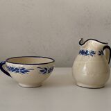 Handcrafted ceramic pitcher and bowl signed – blue decor – vintage tableware