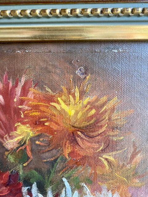 Ancient painting, dead nature with dahlias, signed, dated, late 19th century