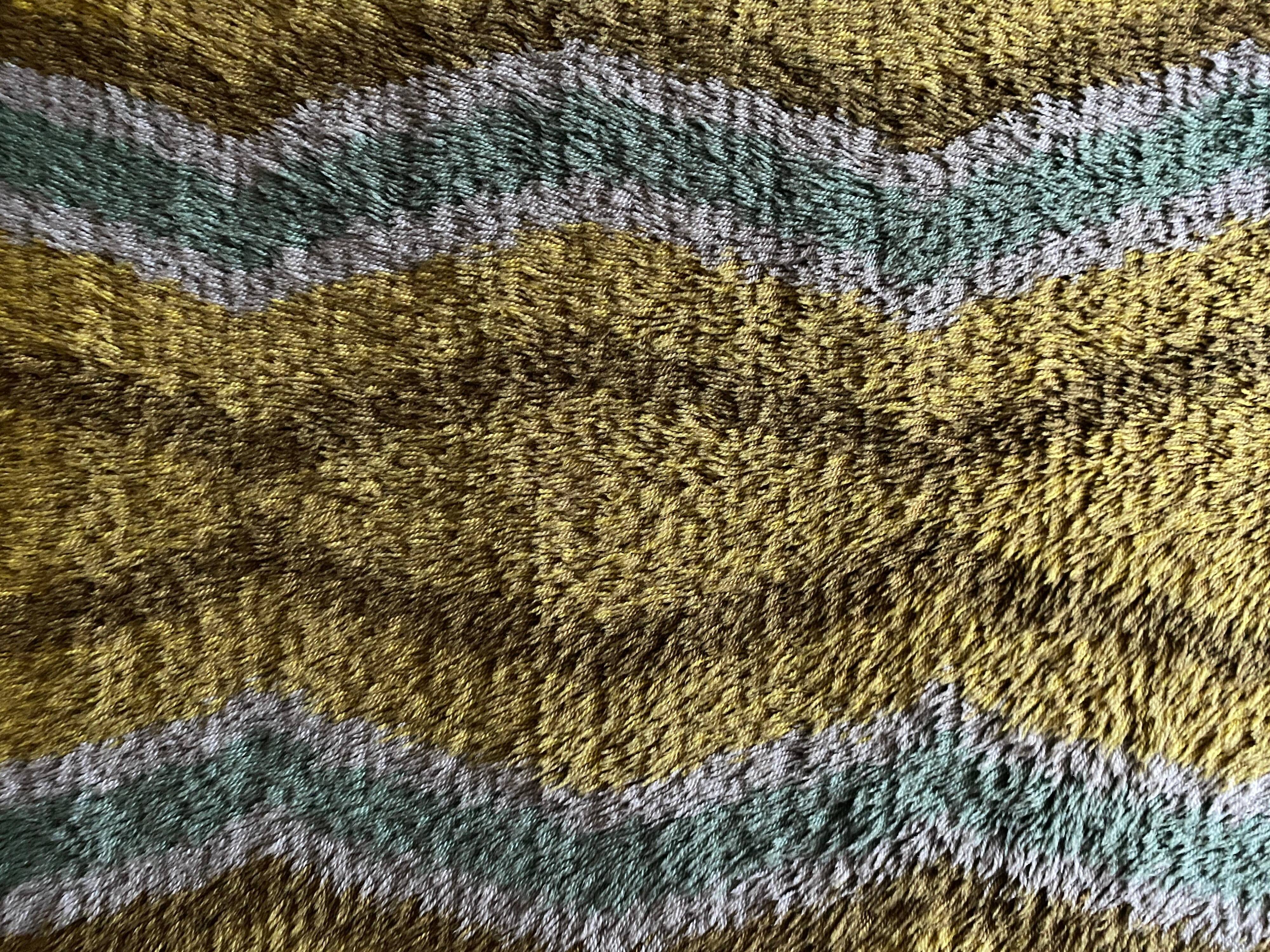 Mid-century Modern High Pile, Yellow, Aquamarine & Grey Rya Rug, Sweden, 1960s