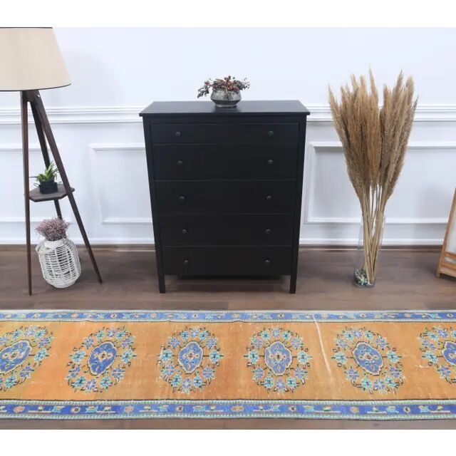 Vintage Turkish Oushak Handmade Wool Cotton Orange Runner Rug 78x313