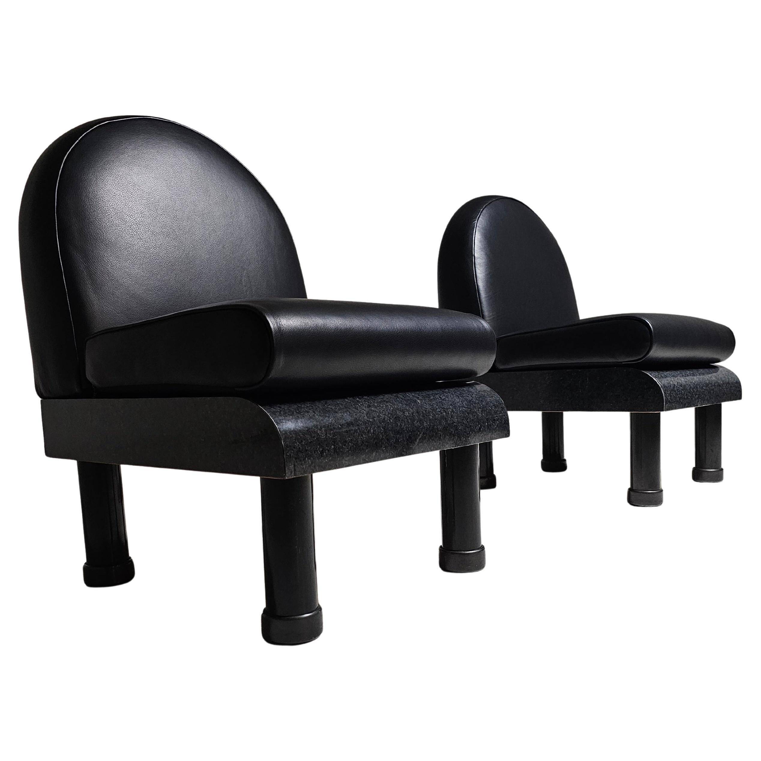 Black leather loungers in the style of The Brisk One by Ettore Sottsass, 1980.