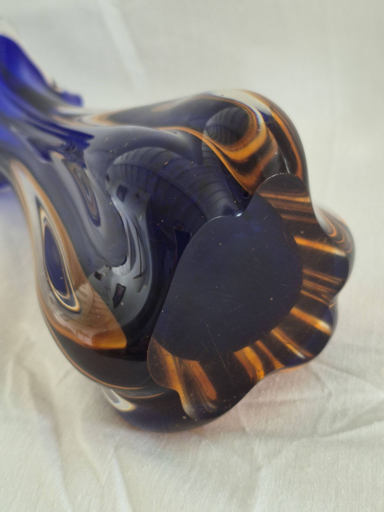 Vintage cobalt blue and amber blown glass vase in Murano style.
