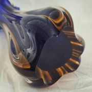 Vintage cobalt blue and amber blown glass vase in Murano style.