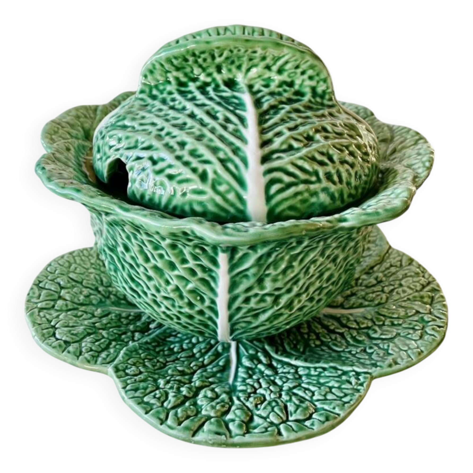 Vintage green soup tureen in majolica large model – Cabbage design – 1970s