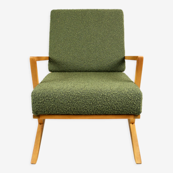 Olive green vintage design boucle armchair, 1970s