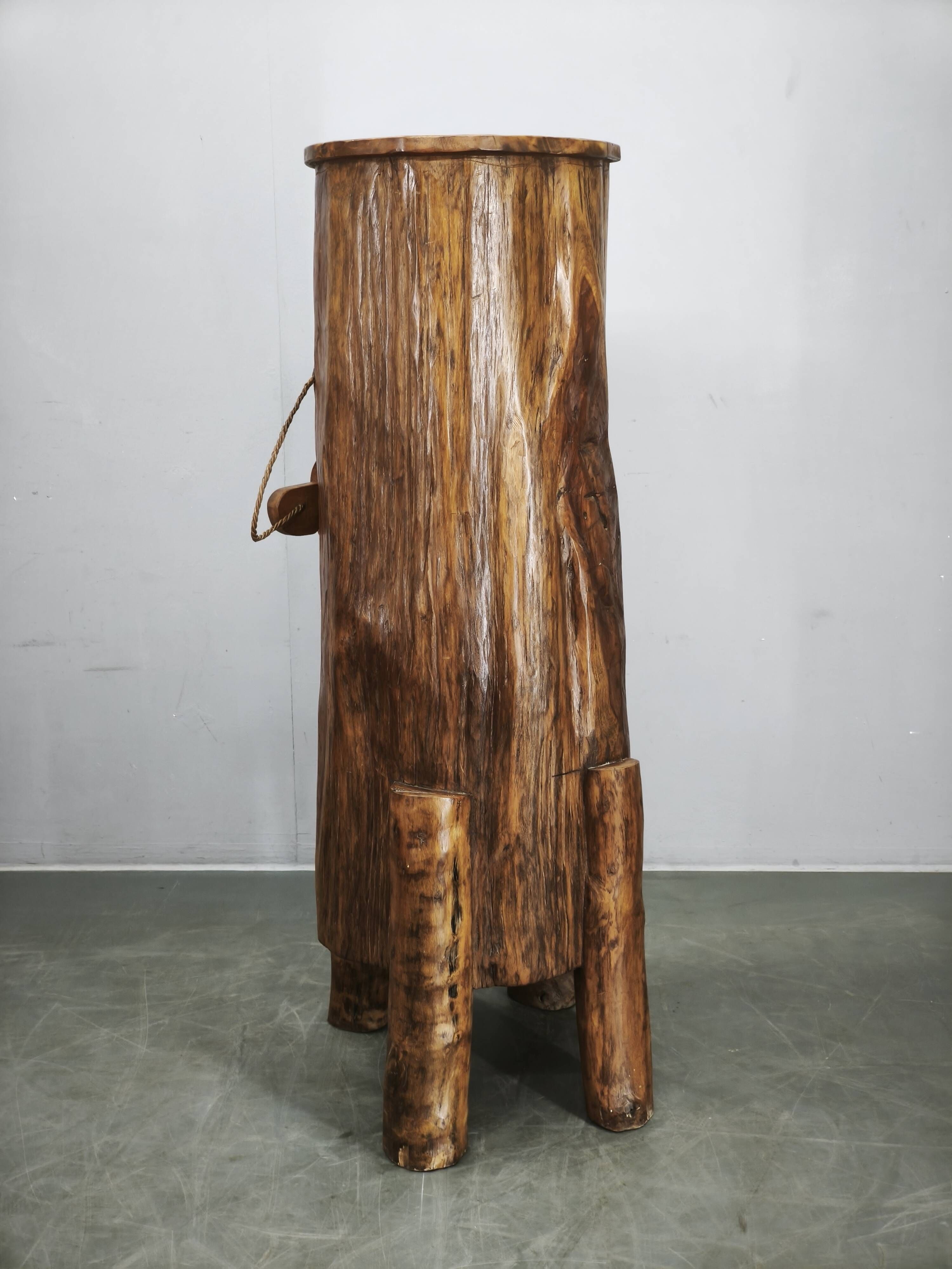 1960s French Brutalist Sculptural Solid Elm Wood Tree Trunk Cabinet