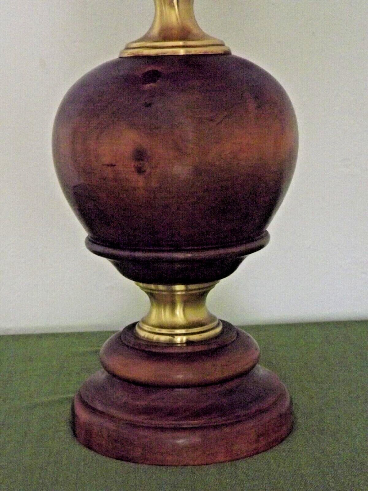 French Mid Century Round Lamp in Turned Wood and Gold Metal Beige Fabric Shade 3625