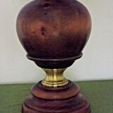 French Mid Century Round Lamp in Turned Wood and Gold Metal Beige Fabric Shade 3625