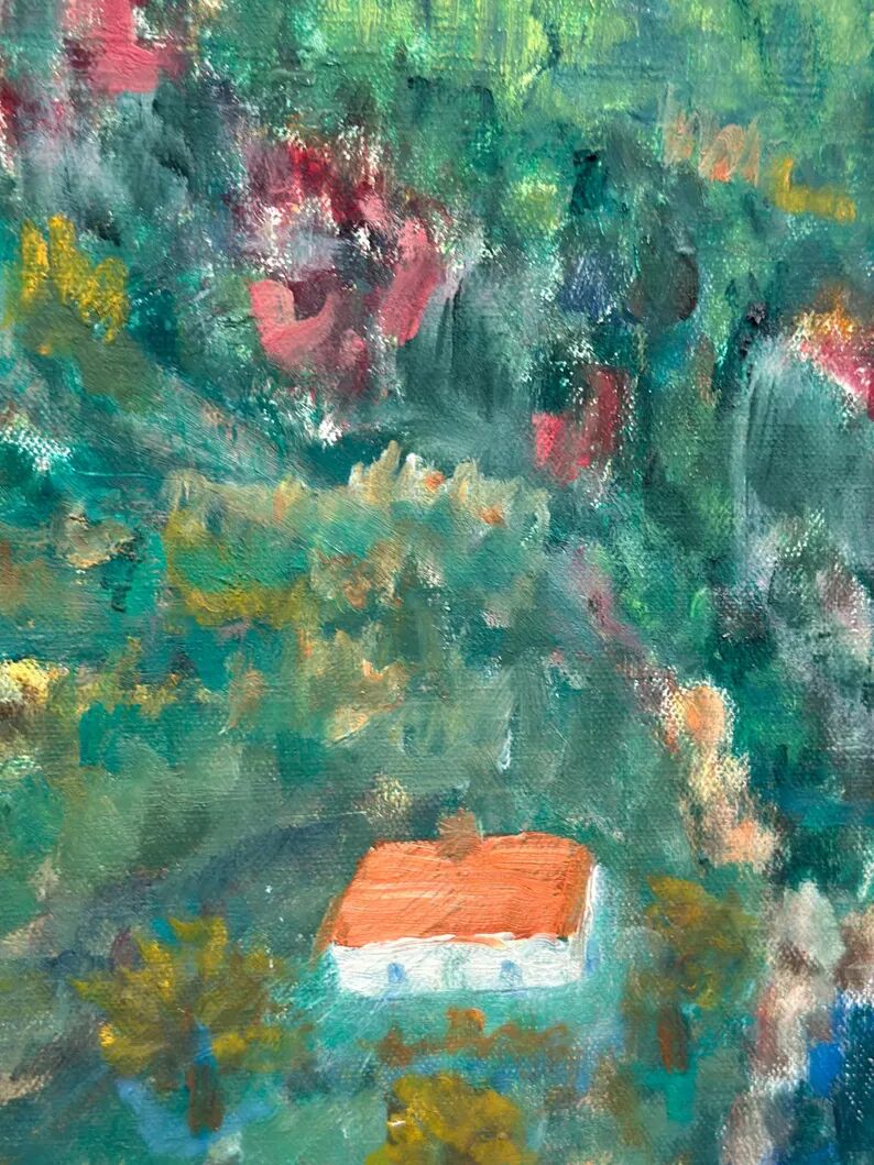 Original Swedish Oil on Canvas – “Hilly Landscape with Houses” by Lalla Blecher – Signed – Vintage & Framed