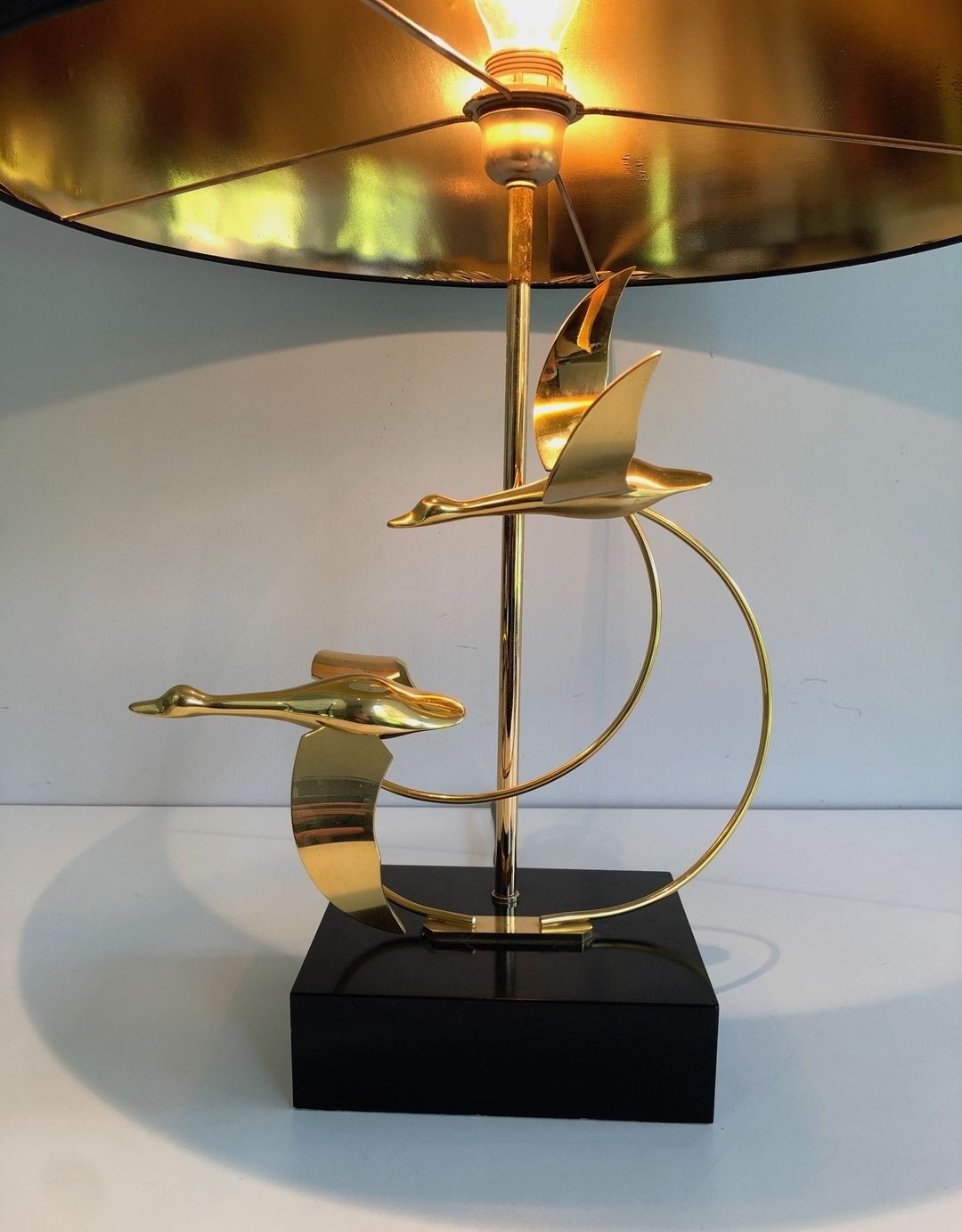 Brass Table Lamp with Wild Goose Flight, French Work, circa 1970