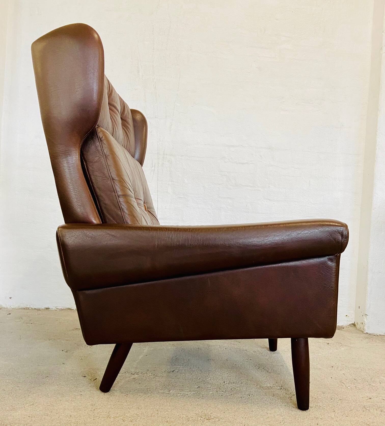 Vintage danish retro mid-century svend skipper cognac leather chair & stool 60s
