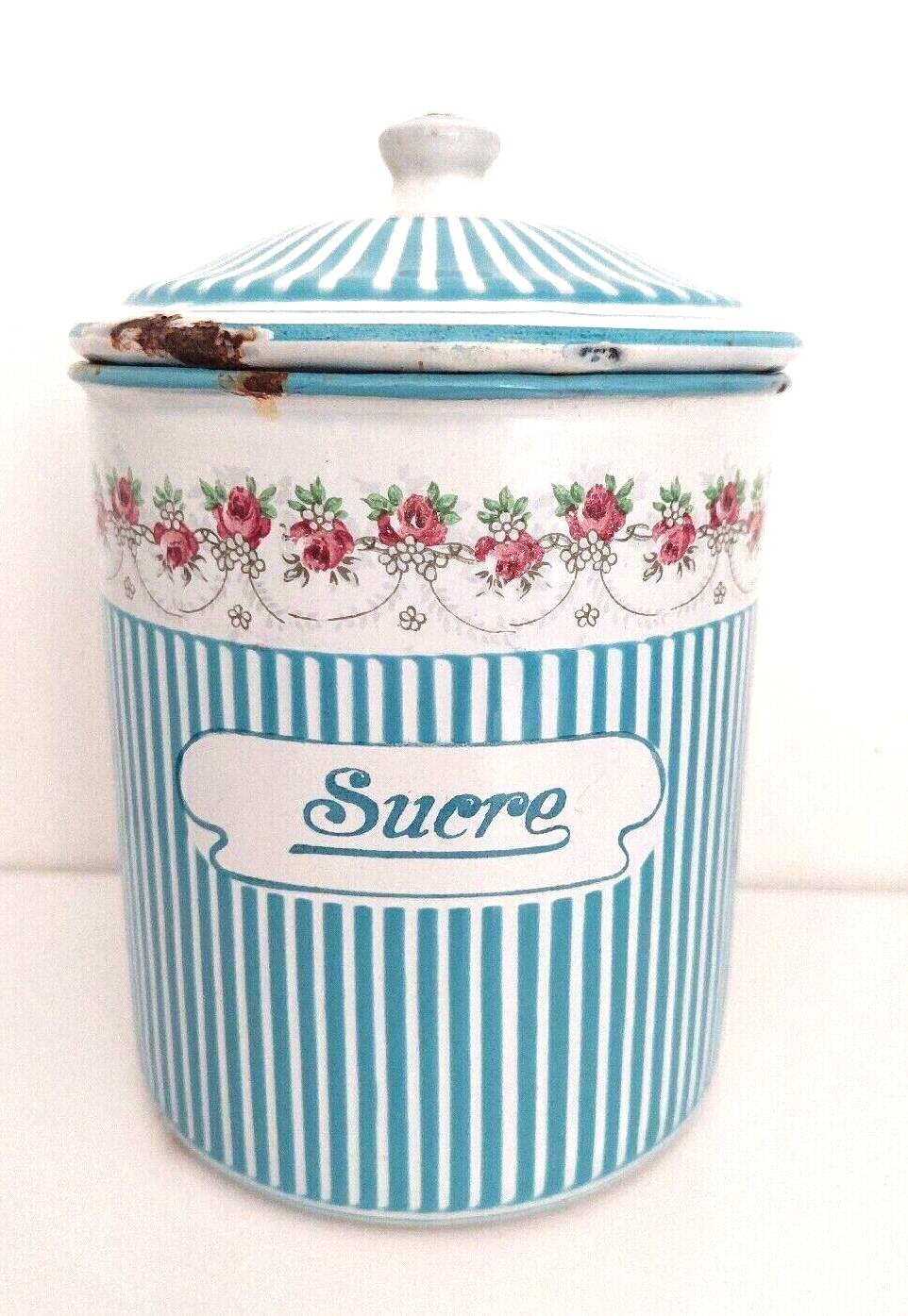 Old Spice Pot SUCRE in blue and white enamelled sheet metal with stripes + a garland of roses